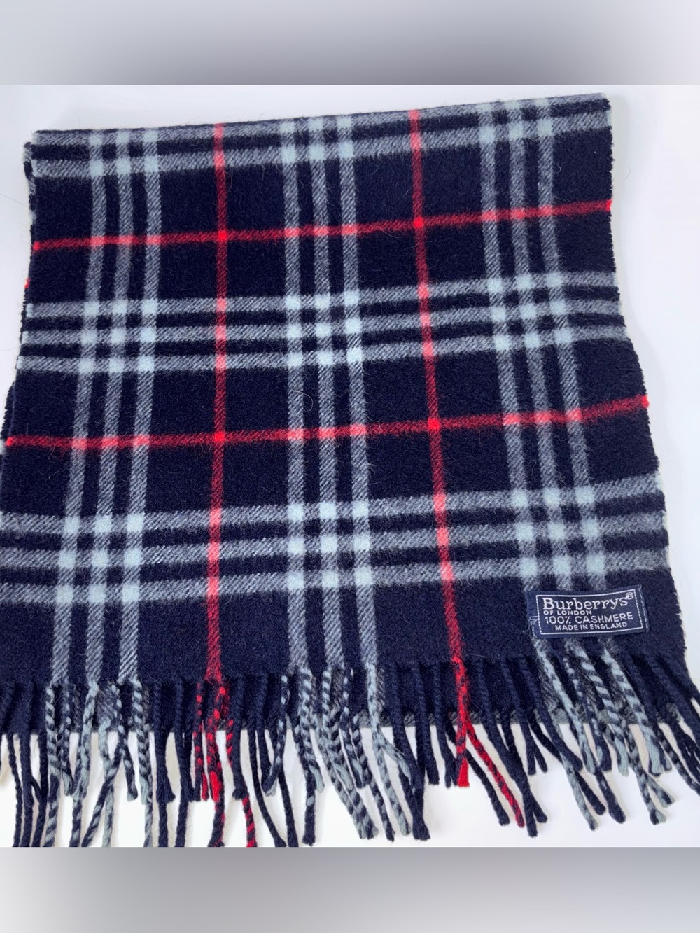 Vintage Burberrys of London Cashmere Scarf 12 x 51 with Fringe Navy Check